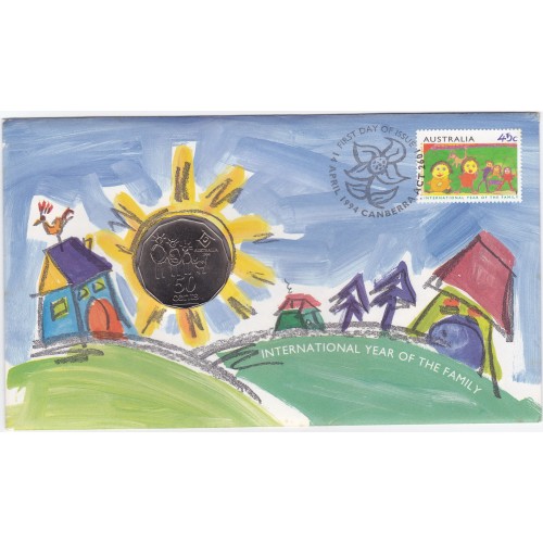 1994 PNC 50¢ Year of the Family (Wide Date) Stamp and Coin Cover