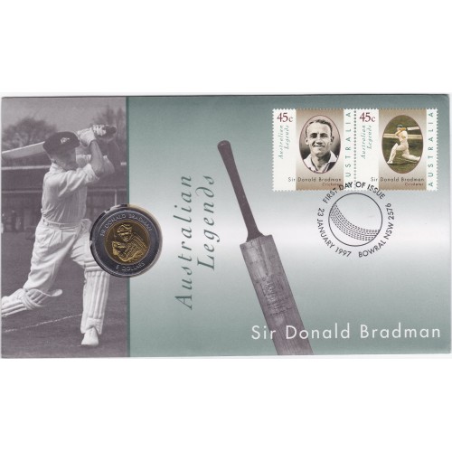 1997 PNC $5 Sir Donald Bradman Tribute Stamp and Coin Cover