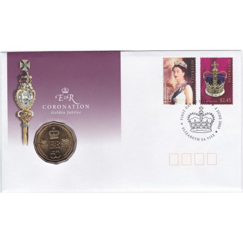 2003 PNC 50c Queen Elizabeth II Golden Jubilee/Coronation Stamp and Coin Cover