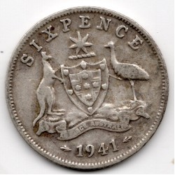 1941 Australia King George VI Sixpence 92.5% Silver Coin